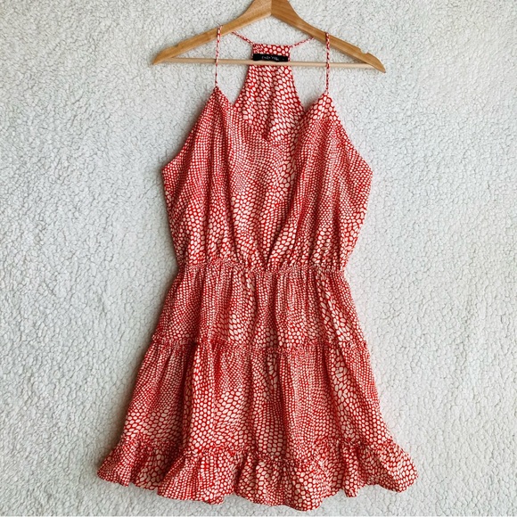 fab'rik Women's coral red print spaghetti strap tiered ruffle mini dress , Sz L - Picture 4 of 16